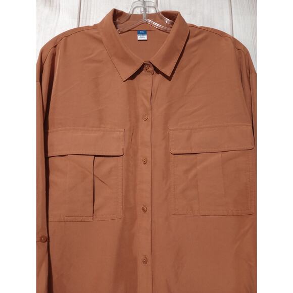Old Navy Shirt Mens 2XL Brown Utility Button Up Long Sleeve Workwear Pockets - Picture 2 of 7